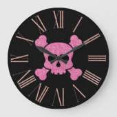 Roze Glitter Skull en Crossbones op Zwart Grote Klok (Voorkant)
