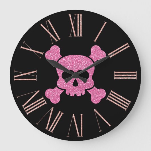 Roze Glitter Skull en Crossbones op Zwart Grote Klok (Voorkant)