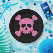 Roze Glitter Skull en Crossbones op Zwart Papieren Bordje (Feest)