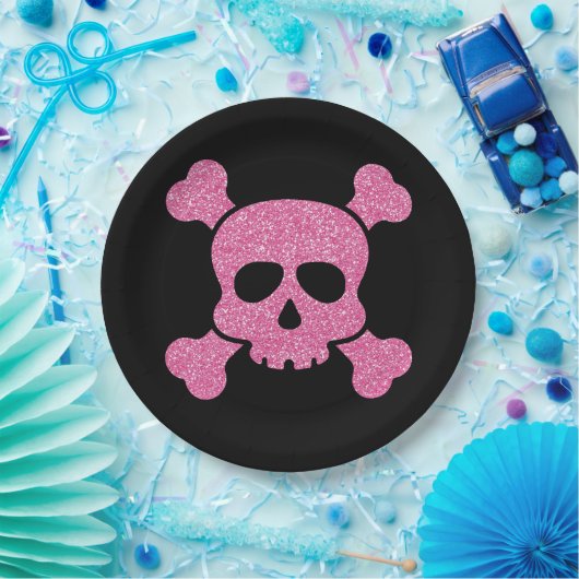 Roze Glitter Skull en Crossbones op Zwart Papieren Bordje (Feest)