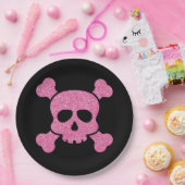 Roze Glitter Skull en Crossbones op Zwart Papieren Bordje (Feest)