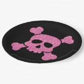 Roze Glitter Skull en Crossbones op Zwart Papieren Bordje (Gekanteld)