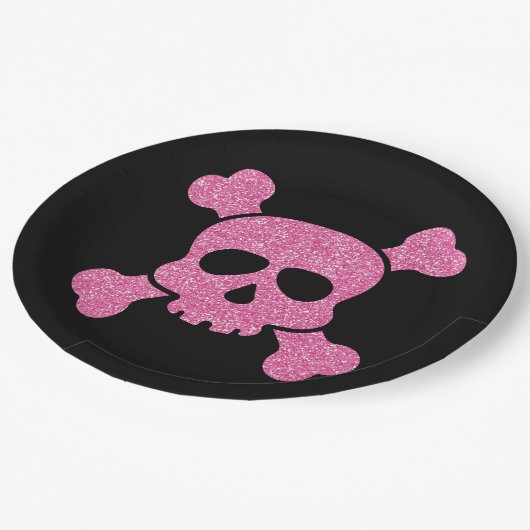 Roze Glitter Skull en Crossbones op Zwart Papieren Bordje (Gekanteld)