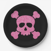 Roze Glitter Skull en Crossbones op Zwart Papieren Bordje (Voorkant)