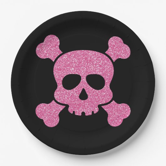 Roze Glitter Skull en Crossbones op Zwart Papieren Bordje (Voorkant)