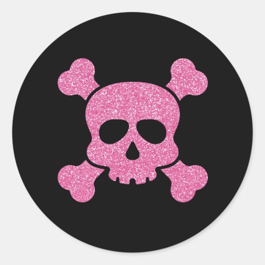 Roze Glitter Skull en Crossbones op Zwart Ronde Sticker (Voorkant)