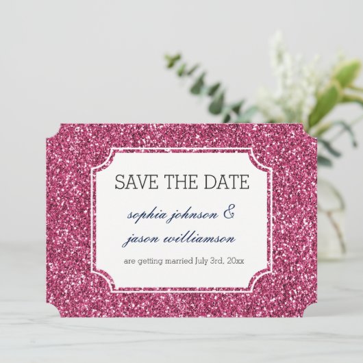  roze glitter slaat de datum op save the date (Staand voorkant)