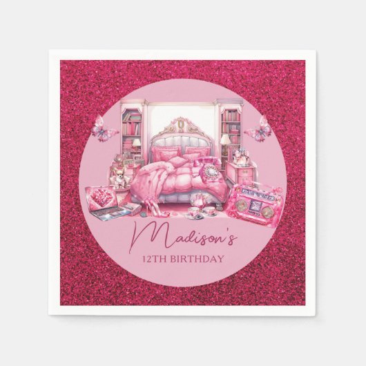 Roze Glitter Sleepover Meisje Verjaardag Servet (Voorkant)