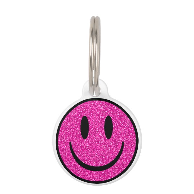 Roze Glitter Smile Face Huisdierpenning (Voorkant)