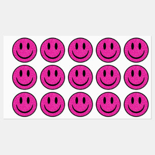 Roze Glitter Smile Face Labels