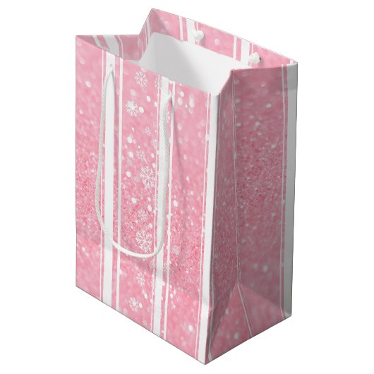 Roze glitter Snowflake Holiday Medium Gift Bag Medium Cadeauzakje (Voorkant Gekanteld)
