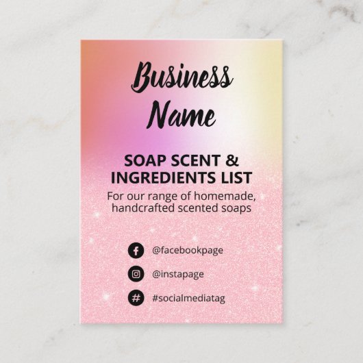 Roze Glitter Soap Scent Ingredients List Card Visitekaartje (Voorkant)