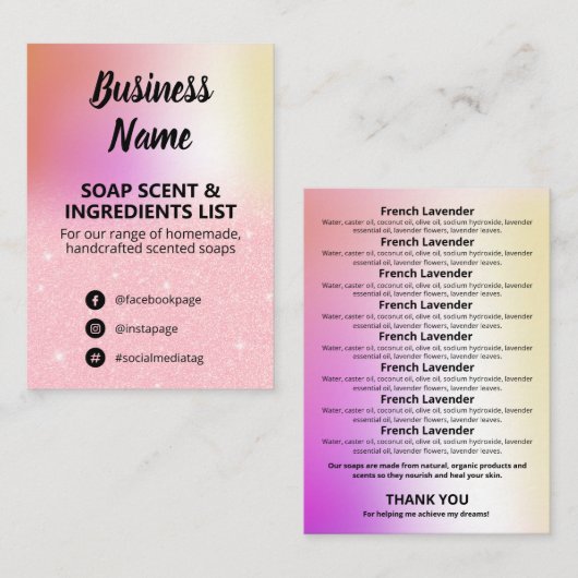 Roze Glitter Soap Scent Ingredients List Card Visitekaartje (Voorkant / Achterkant)