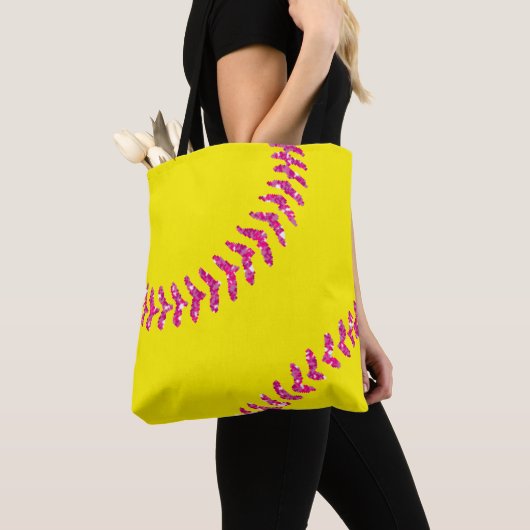 Roze Glitter Softball Stitches Tote Bag (Dichtbij)