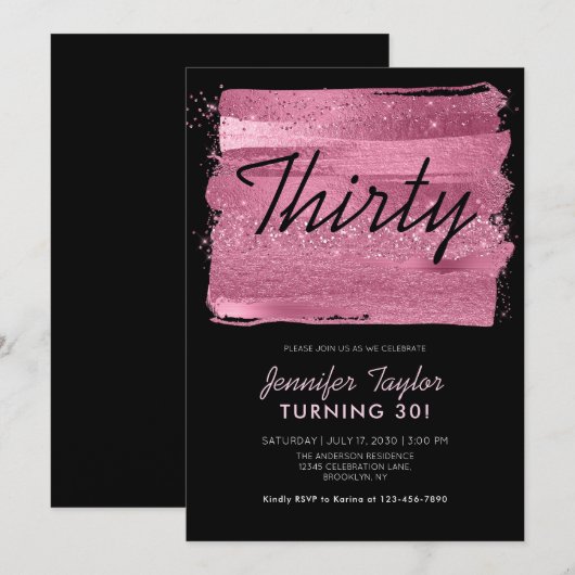 Roze glitter Sparkle Brush Black 30th Birthday Kaart (Voorkant / Achterkant)