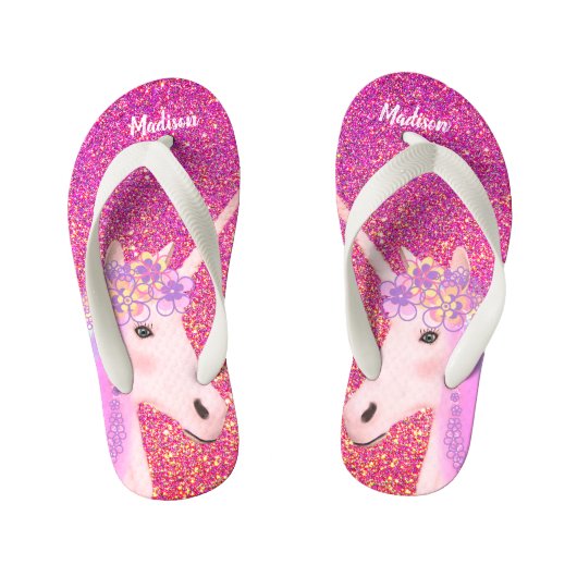 Roze Glitter Sparkle Eenhoorn Meisjes Gepersonalis Kinder Teenslippers (Voetbed)