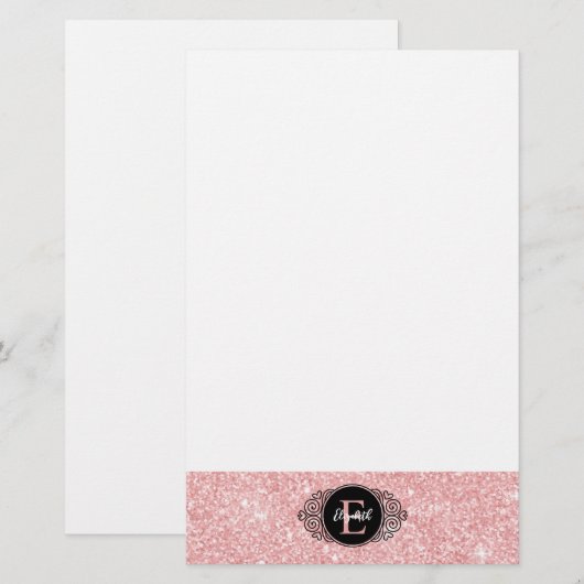 Roze Glitter Sparkle Monogram Persoonlijk Briefpapier (Voorkant / Achterkant)