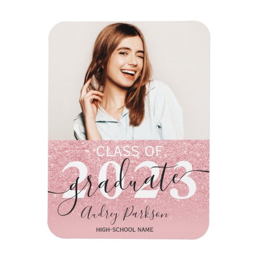 Roze glitter sparkles ombre foto afstuderen magneet (Verticaal)