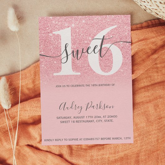 Roze glitter sparkles ombre girly script Sweet 16 Kaart