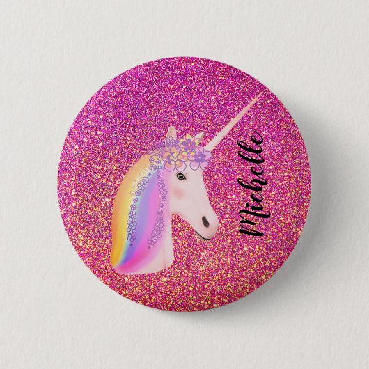 Roze Glitter Sparkles Unicorn Girl's Personalized Ronde Button 5,7 Cm (Voorkant)