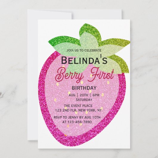 Roze Glitter Sparkling Y2K Aardbei 1e Verjaardag Kaart (Voorkant)