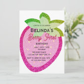 Roze Glitter Sparkling Y2K Aardbei 1e Verjaardag Kaart (Staand voorkant)