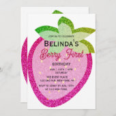 Roze Glitter Sparkling Y2K Aardbei 1e Verjaardag Kaart (Voorkant / Achterkant)