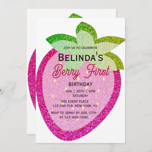 Roze Glitter Sparkling Y2K Aardbei 1e Verjaardag Kaart (Voorkant / Achterkant)