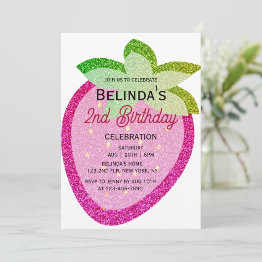 Roze Glitter Sparkling Y2K Aardbei 2e Verjaardag Kaart (Staand voorkant)