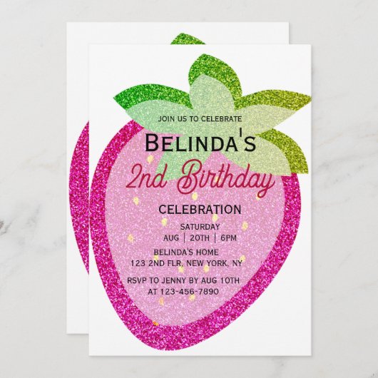 Roze Glitter Sparkling Y2K Aardbei 2e Verjaardag Kaart (Voorkant / Achterkant)