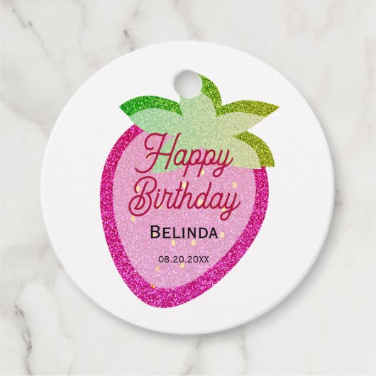 Roze Glitter Sparkling Y2K Aardbei Verjaardag Bedankjes Labels (Voorkant)