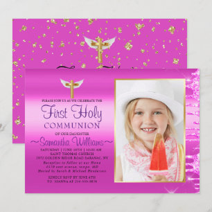 Roze Glitter Stapt Foto eerste mededeling Kaart
