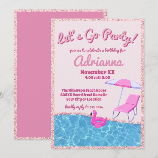 Roze Glitter Strandfeest Kaart (Voorkant / Achterkant)