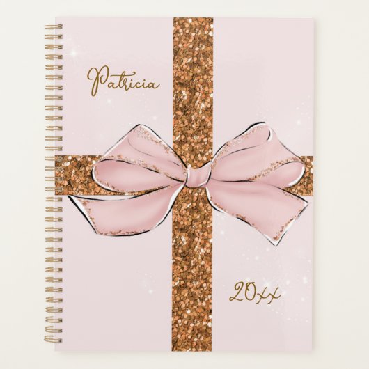 Roze Glitter Strepen & Strik Persoonlijke Planner (Voorkant)