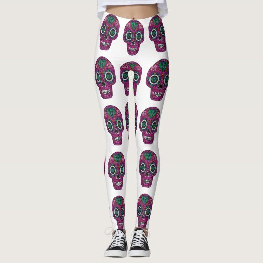 roze glitter suikerschedel leggings (Voorkant)