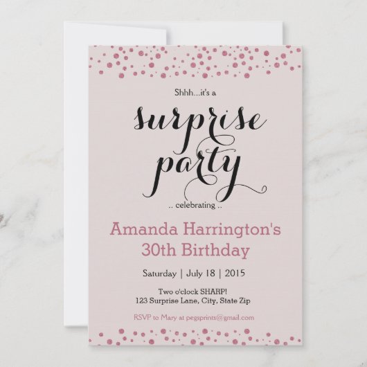 Roze Glitter Surprise Party-uitnodigingen Kaart (Voorkant)