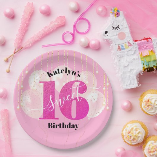 Roze Glitter Sweet 16 Birthday Balloons Script Papieren Bordje (Feest)