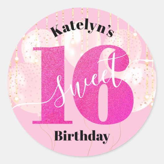 Roze Glitter Sweet 16 Birthday Balloons Script Ronde Sticker (Voorkant)