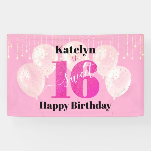 Roze Glitter Sweet 16 Birthday Balloons Script Spandoek (Horizontaal)
