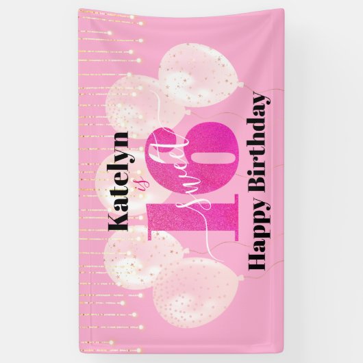 Roze Glitter Sweet 16 Birthday Balloons Script Spandoek (Verticaal)