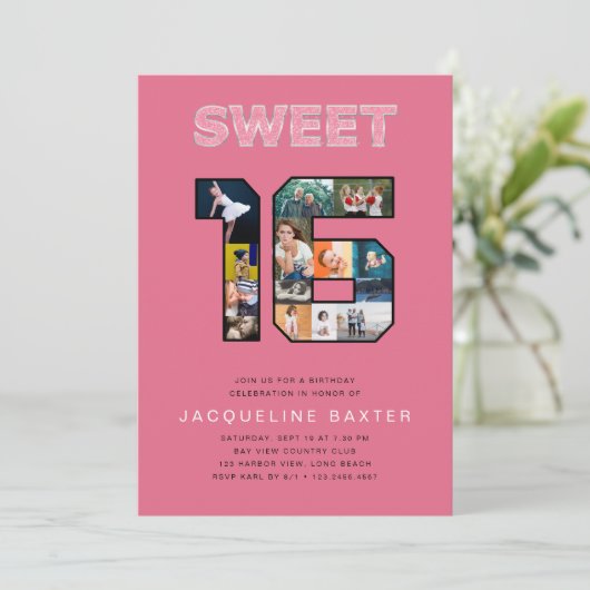Roze Glitter Sweet 16 Birthday Foto Kaart (Staand voorkant)