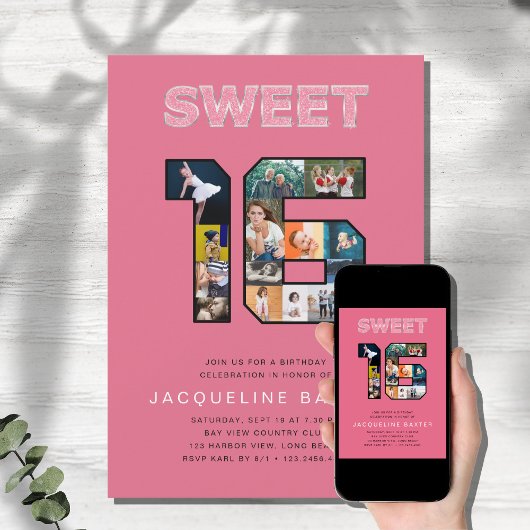 Roze Glitter Sweet 16 Birthday Foto Kaart