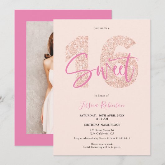 Roze glitter Sweet 16 blush script foto verjaardag Kaart (Voorkant / Achterkant)