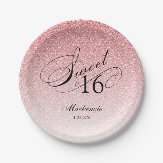 Roze Glitter Sweet 16 gepersonaliseerd Papieren Bordje (Voorkant)