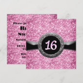 Roze Glitter Sweet 16 Lint Embleem Uitnodiging (Voorkant / Achterkant)