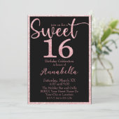 Roze Glitter Sweet 16 op Zwarte Verjaardag Kaart (Staand voorkant)
