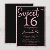 Roze Glitter Sweet 16 op Zwarte Verjaardag Kaart (Voorkant / Achterkant)