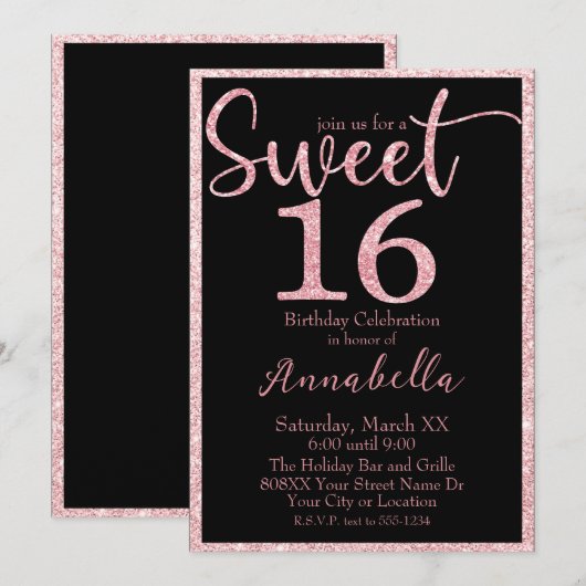 Roze Glitter Sweet 16 op Zwarte Verjaardag Kaart (Voorkant / Achterkant)
