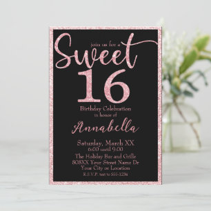 Roze Glitter Sweet 16 op Zwarte Verjaardag Kaart