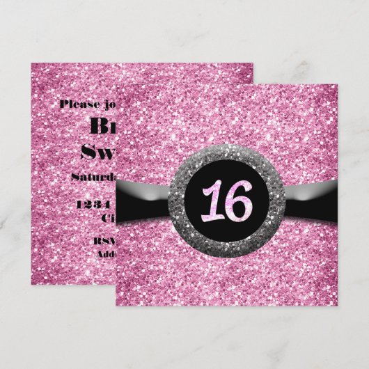 Roze Glitter Sweet 16 Ribbon Embleem Uitnodiging (Voorkant / Achterkant)